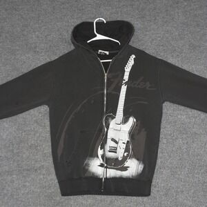 Vintage Fender Hoodie Mens S Black Guitar Graphic Zip Up Music Rock Roll Apparel